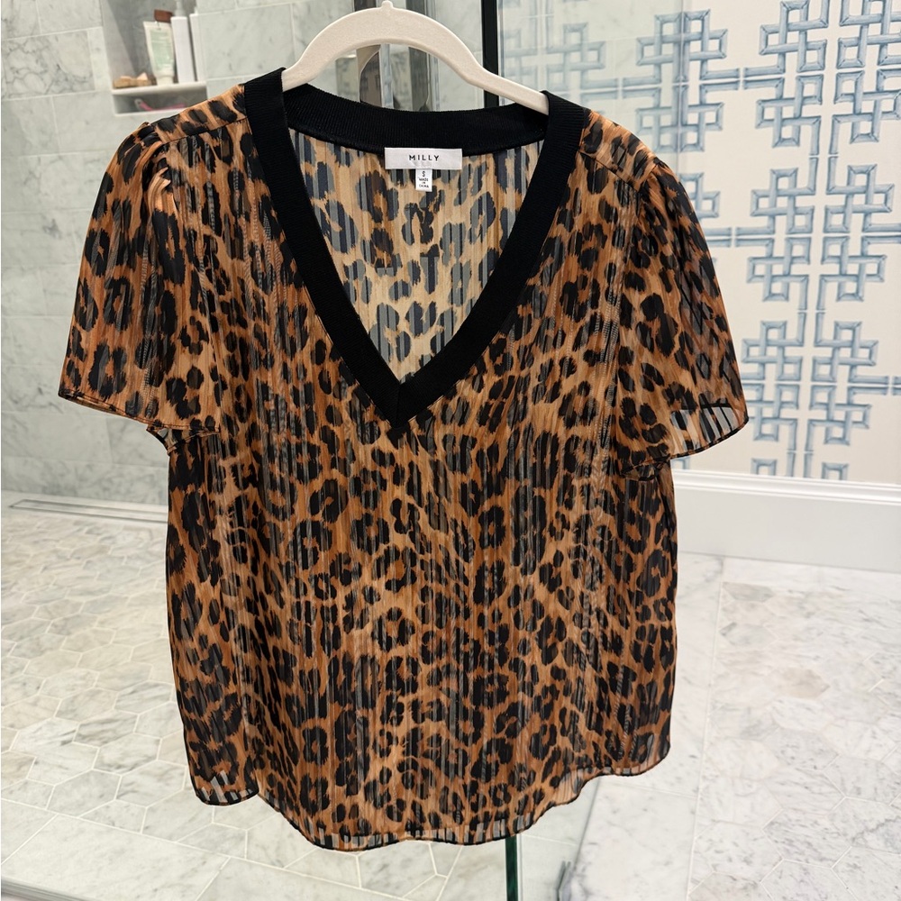 Milly Brown and Black Leopard Print V-Neck Blouse